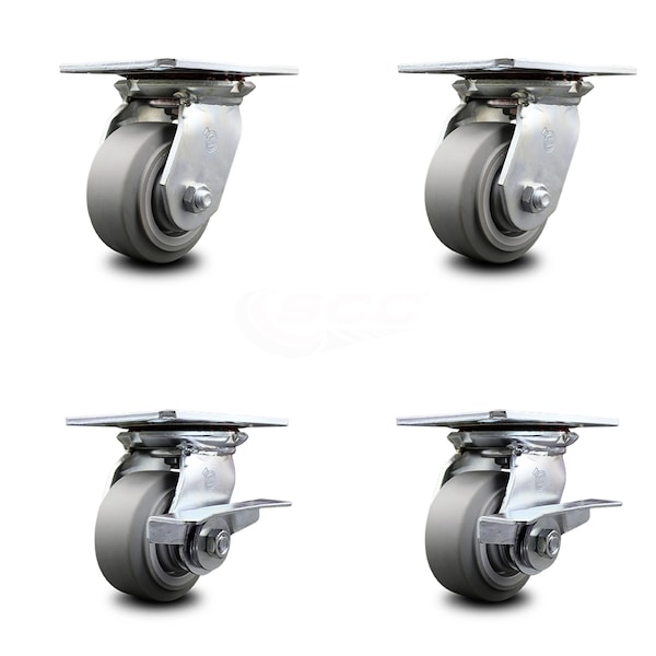 4 Inch Thermoplastic Rubber Swivel Caster Set with Ball Bearings 2 Brakes SCC